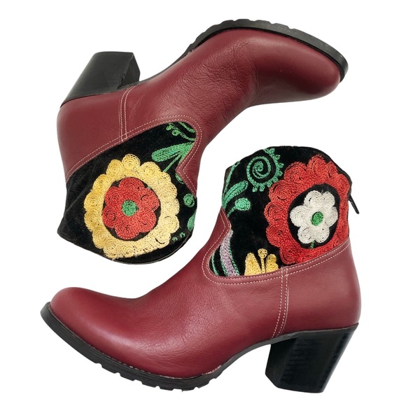 New Artemis Handmade Brick Red Leather Floral Embroidered Short Cowboy Boots - Picture 6 of 8